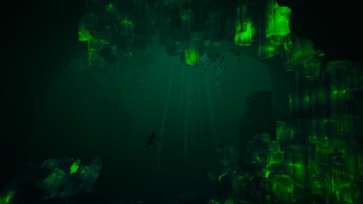 Emerald-lit underwater caverns