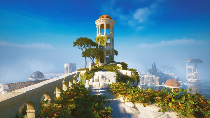 A sunlit temple tower above the island chain