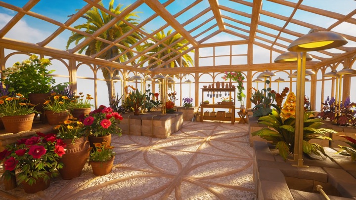A greenhouse garden growing under bright glass