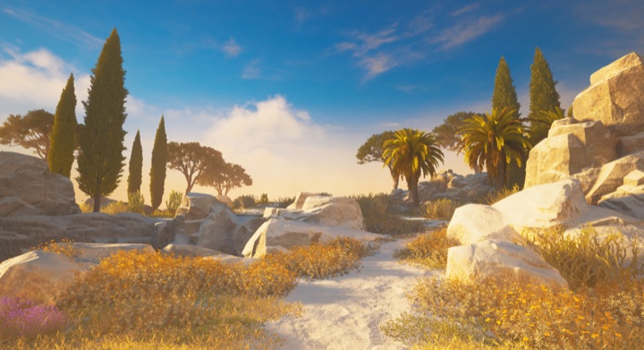 A lush island settlement rising from turquoise water