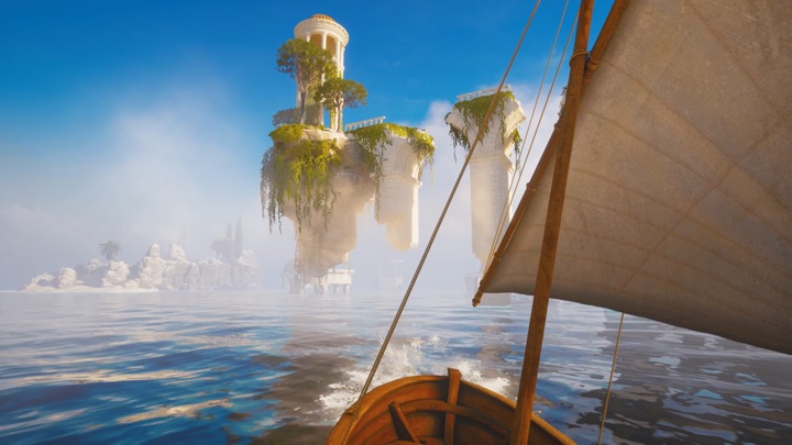A sailboat approaching the islands
