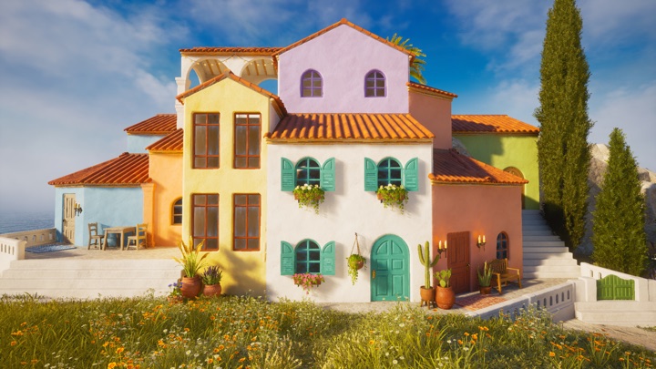 A bright stucco villa exterior