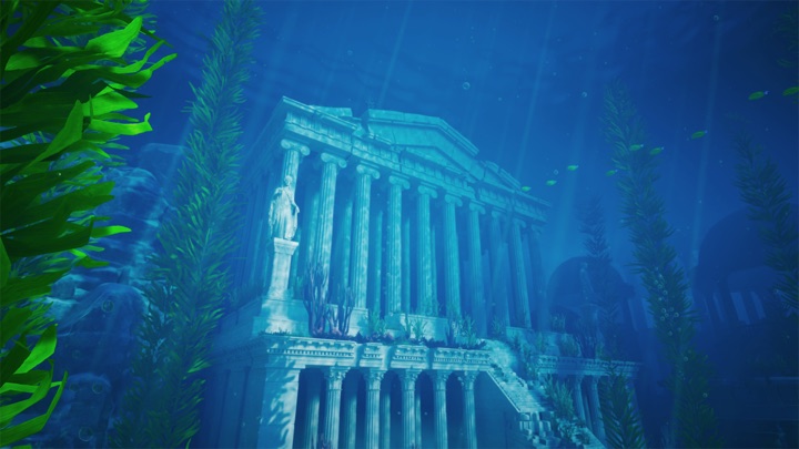 Flooded temple ruins beneath the sea
