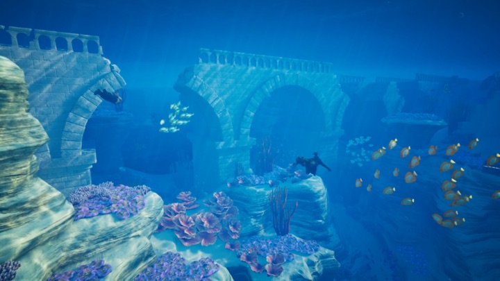 A diver exploring the sunken ruins of Atlantis